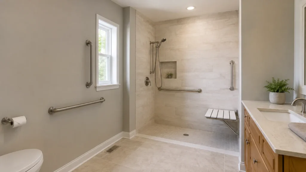 Accessible remodeled bathroom with a low-threshold shower, grab bars and fold-down seat