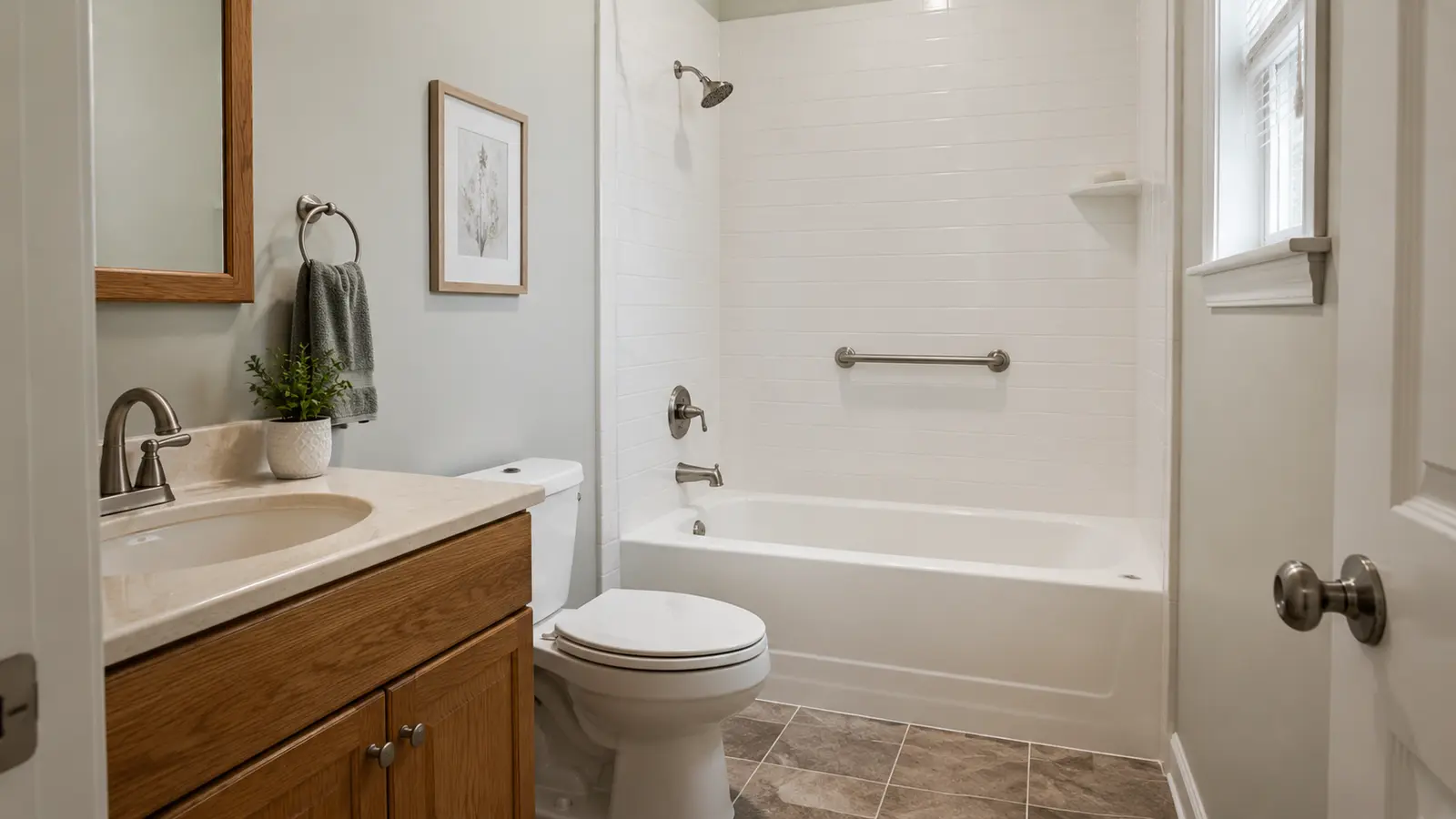 Bathroom with white alcove bathtub, tiled surround, grab bar and oak vanity