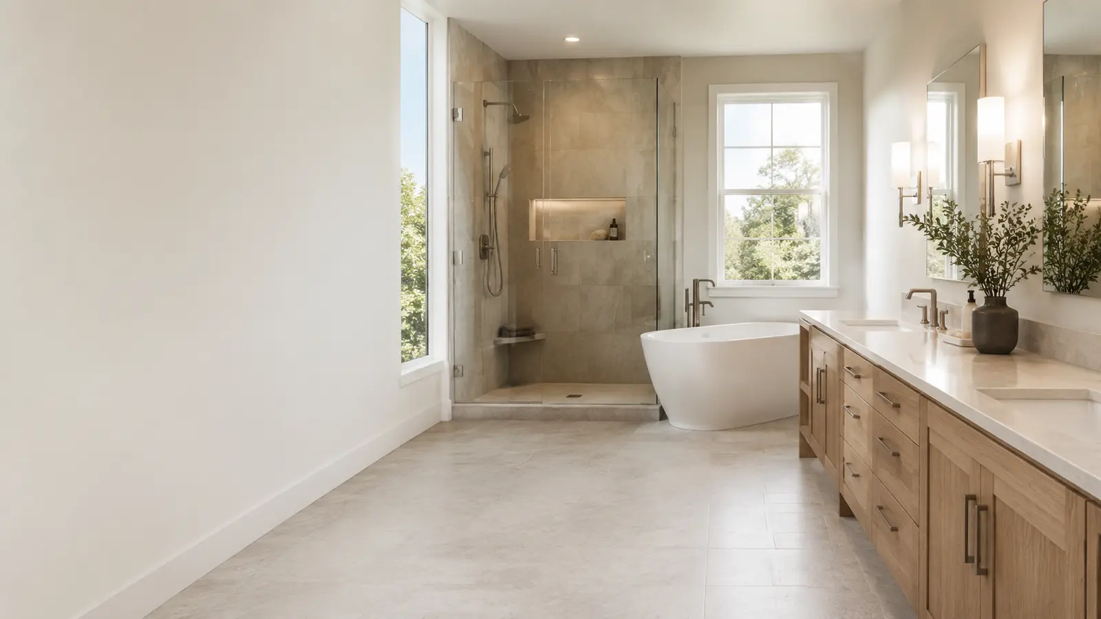 Modern full bathroom with walk-in shower, freestanding tub and oak vanity
