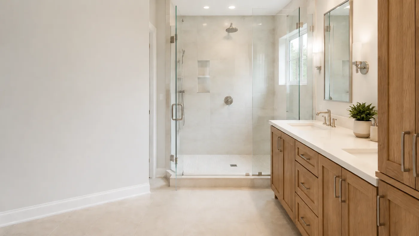 Bright remodeled bathroom with a glass walk-in shower and oak vanity