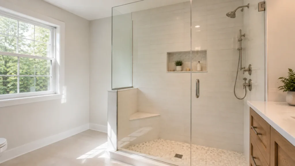 Bright remodeled walk-in shower with frameless glass and warm tile