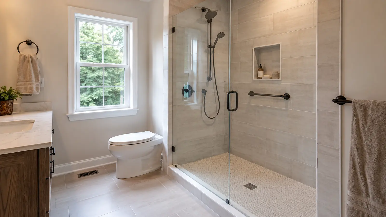 Low-threshold walk-in shower with glass enclosure, niche, handheld shower and grab bar