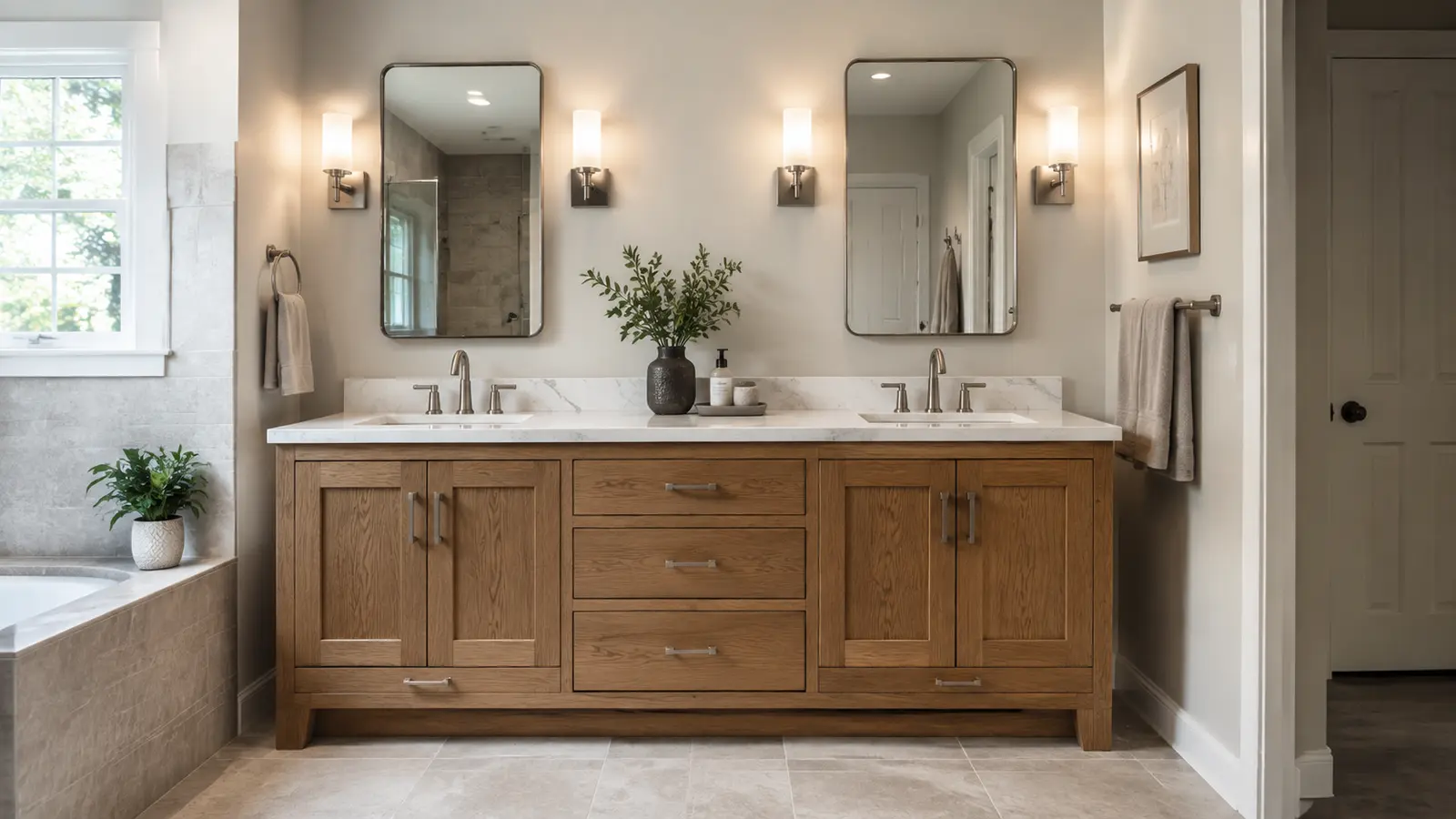 Double oak bathroom vanity with quartz top, framed mirrors and updated fixtures
